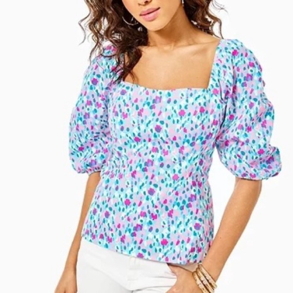 NWT Lilly Pulitzer Bitsy Top 4 Hottie Dottie Pink blue white dots